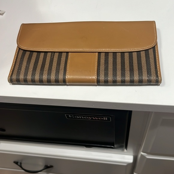 Vintage Fendi Regimental Stripe Leather Trim Continental Clutch Wallet Tan Black - Picture 5 of 12